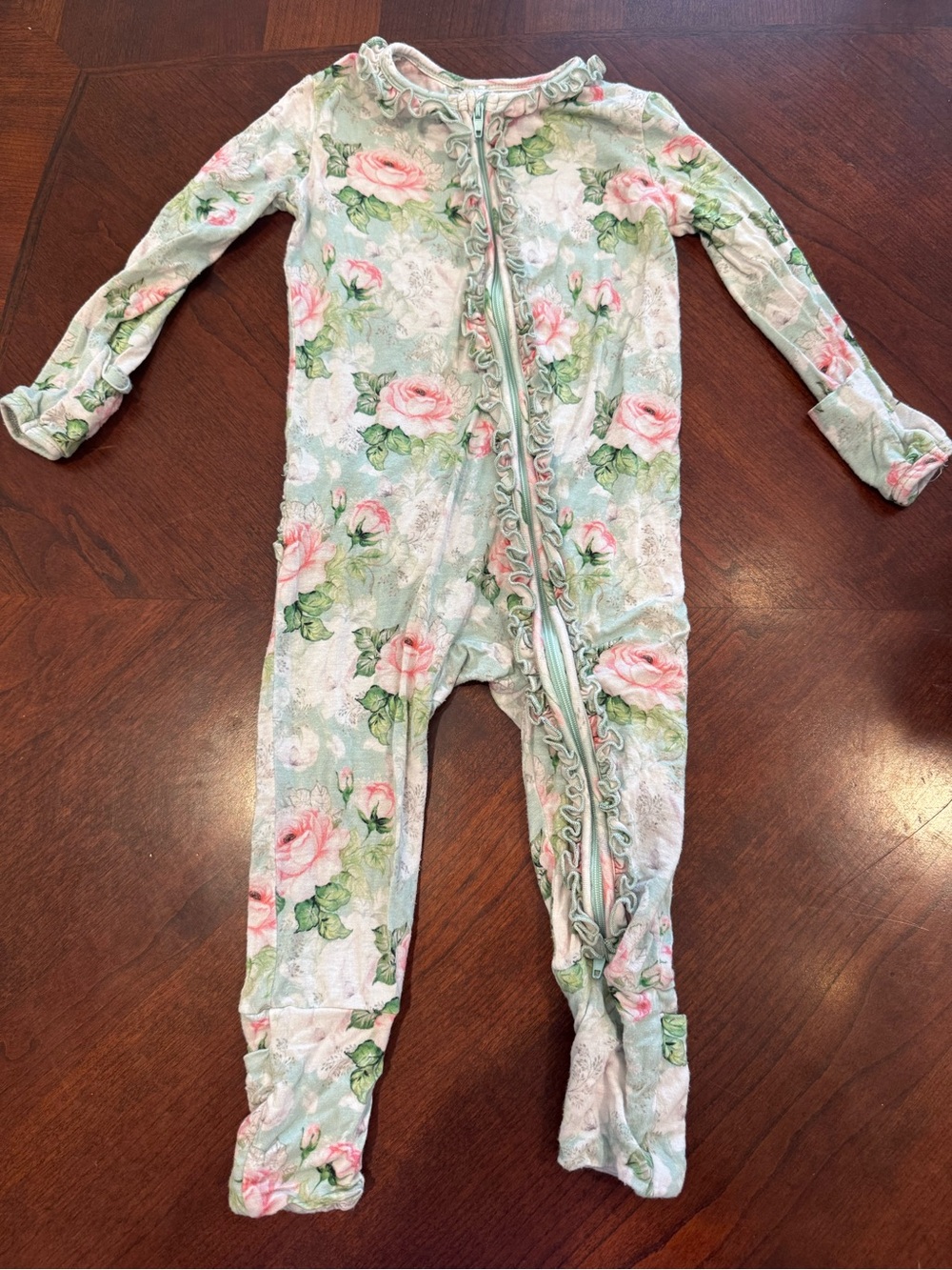 Ruffle-Trim Floral Zip-Front Footie Pajamas for Girls - Pink & Light Green